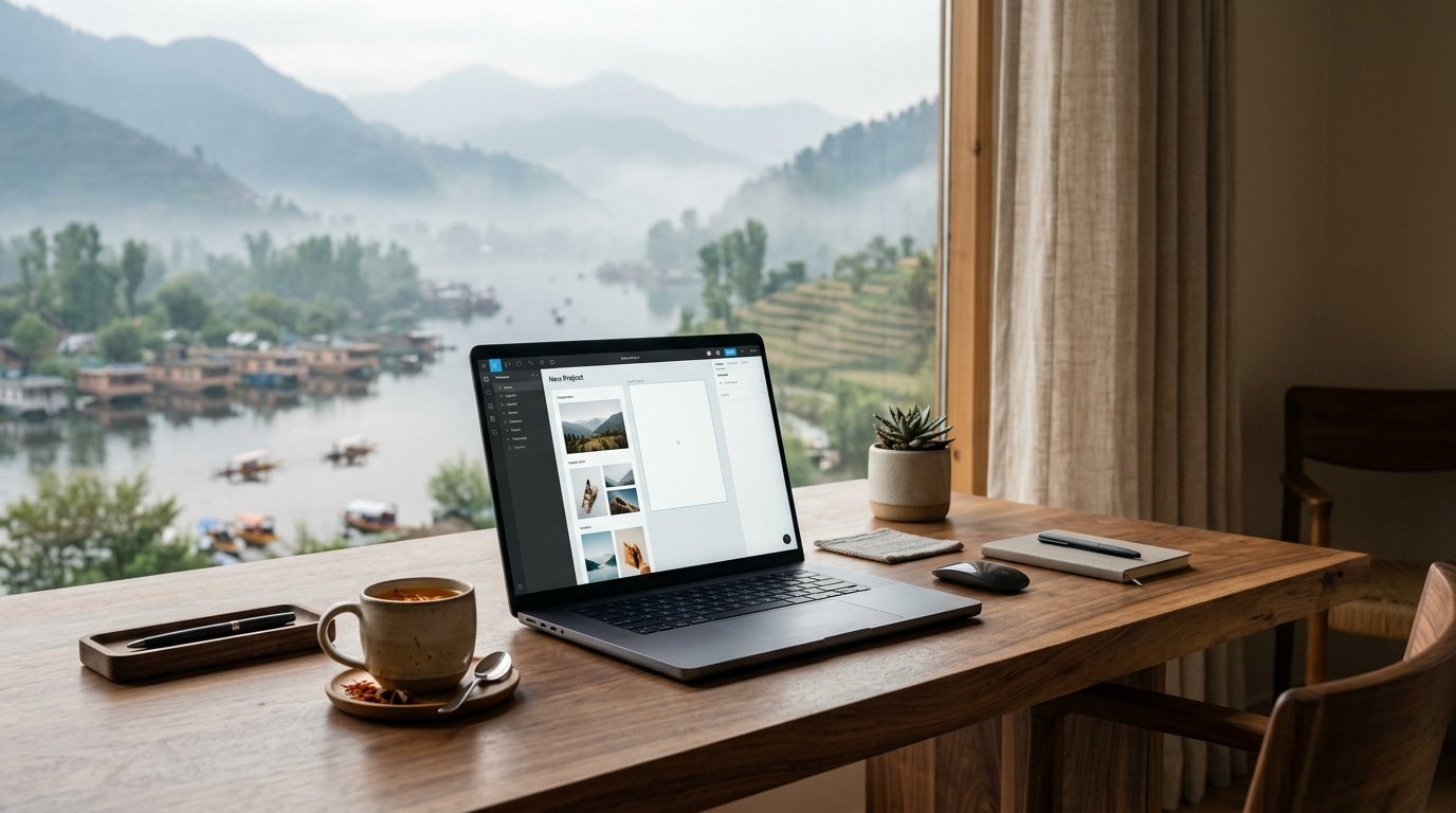 An elegant workplace displaying the Best Website Builders in Srinagar (2026) on a premium laptop monitor.