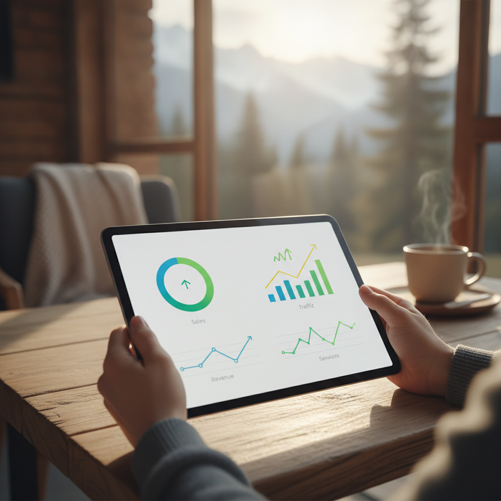 Modern Digital Marketing Analytics in Kashmir A local business owner viewing their brand performance dashboard with the help of a Branding Company in Kashmir.