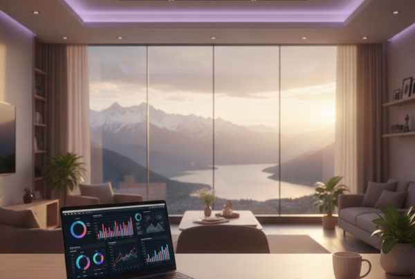 A modern creative workspace representing a premium Digital Marketing Company in Kashmir with views of Dal Lake through a window