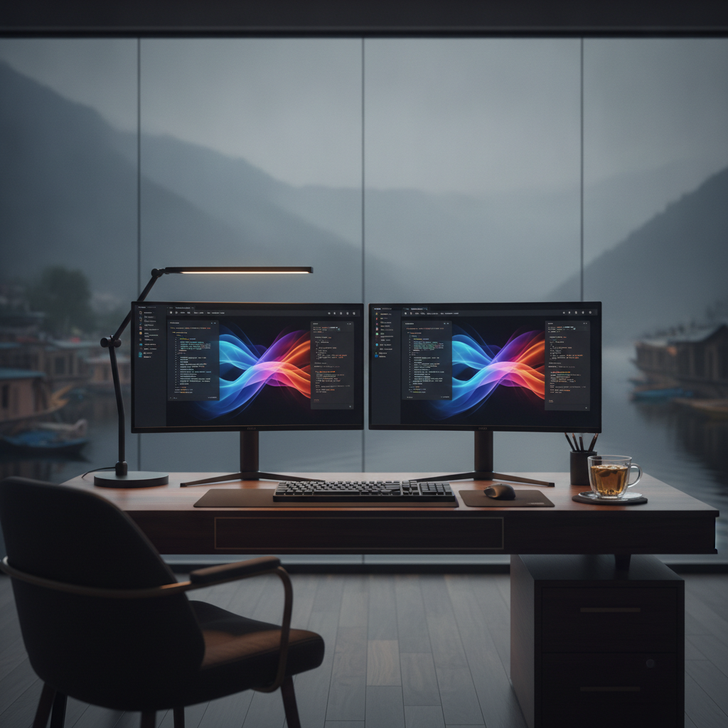 A high-end modern workstation representing a Premium Web Development Comapny in Srinagar working on customized layouts.